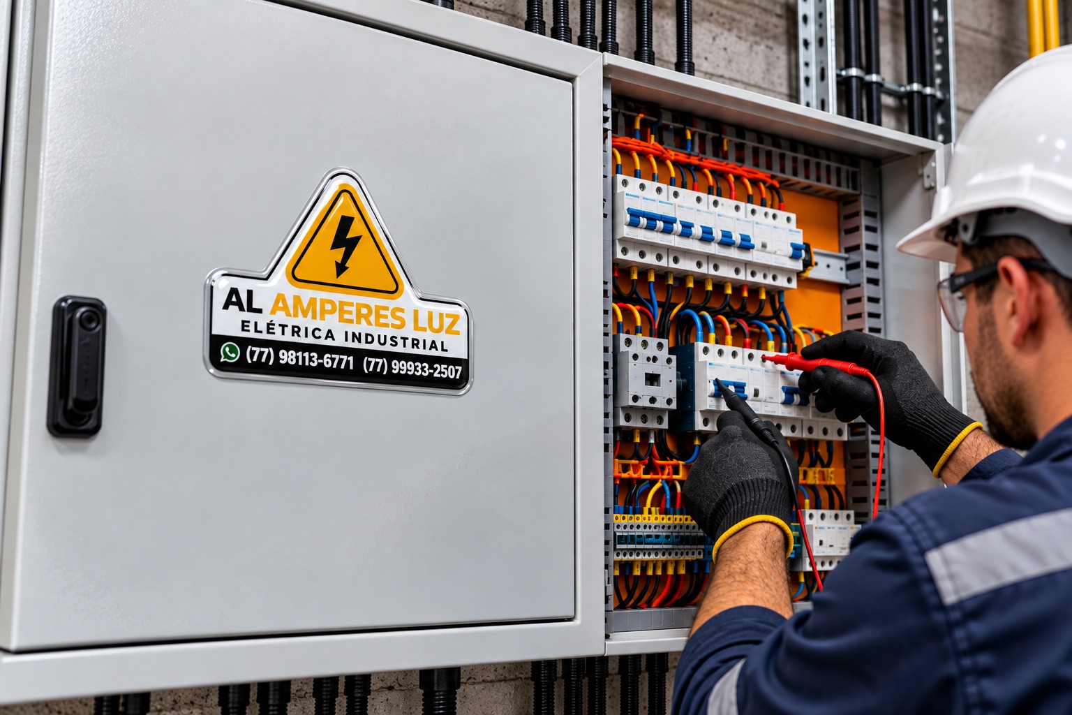 Adesivo resinado com identificação elétrica aplicado na porta de painel elétrico industrial